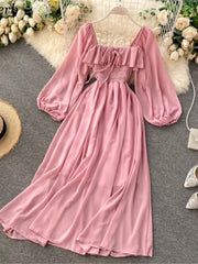 Lizakosht Elegant Square Collar Maxi Dress Women Solid Chiffon Puff Long Sleeve Elasticized Waist Korean Fashion Vintage Ruffle Vestidos