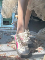 LIZAKOSHT - Pinkyo Original Niche Lace Edge Bow German Training Puff Shoes 2024 Summer Casual Versatile Lolita Flat Sole Shoes