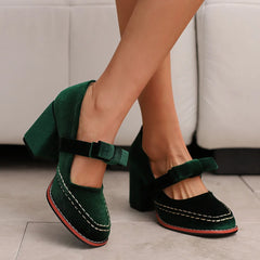 LIZAKOSHT - Plus Size 33-48 Retro Burgundy Elegant Office Lady Mary Janes Pumps Vintage Green Square High Heels Shoes with Bow Tie