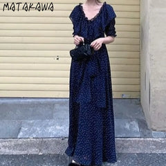 LIZAKOSHT - Women Dresses V Neck Polka Dot Ruffles Spring Summer Elegant Long Dress Korean Fashion Vintage Sweet Vestidos Mujer