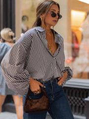 LIZAKOSHT  -  Spring Autumn New Plaid Shirt Women Blouse Turn-down Collar Lantern Sleeve Career OL Shirt Top Checker 49902
