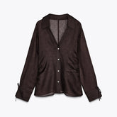 LIZAKOSHT - Sexy See Through Lace Up Women's Shirts Solid Laple Single Breasted Full Sleeve Female Shirt Summer New Lady Commuter Wears