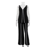LIZAKOSHT - Clashing Colors Tank Tops And Pant 2 Piece Sets For Women Fashion V Neck Sleeveless Pullover Top Lace Up Loose Pant Suit