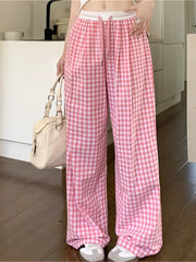 LIZAKOSHT - Spring Summer Thin High Waist Women's Plaid Wide Leg Pants Casual Elasticded Trousers Vintage Loose All-match Pants