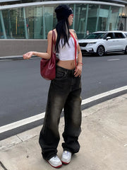 LIZAKOSHT - Streetwear Women'S Jeans Harajuku Cargo Pants Y2K Casual Denim Distressed Straight Wide Leg Trousers Female Korean 2024
