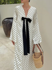 LIZAKOSHT - Elegant Bow V-Neck Floral Polka Dot Maxi Dress For Women Long Sleeves Loose Contrast Party Dress Evening Women Maxi Dress