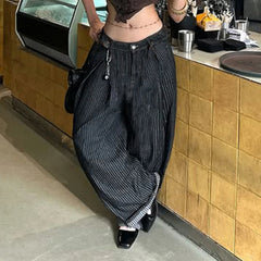 LIZAKOSHT - Women Striped Relaxed Fit Jeans Retro Low Rise Wide Leg Denim Pants Grunge Loose Trousers Spring Y2K Clothes