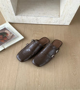 LIZAKOSHT - retro hollow out leather slippers women square toe double buckle sandals flat heel cutout mules shoes for woman sandalias mujer
