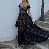 LIZAKOSHT - French Style Lace Solid Color Evening Dress Summer New Slash Collar Garden Party Dress Elegant High Waist Pleated Banquet Dress