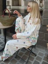 LIZAKOSHT - Holiday Embroidery Floral Shirts Women Blouses Suit Tops Two Piece Sets with Button Summer Vintage Elegant Woman Pant Suit