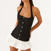 LIZAKOSHT  -  Halter Neck Backless Mini Dress Women's Sexy Sleeveless Denim Patchwork Lace Up Party Dress Summer Pleated Short Dress