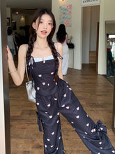 LIZAKOSHT  -  Sweet Spice Girl Bear Bow Suit Women Summer Pink Vest Sling+High Waist Elasticity Casual Workwear Wide Leg Trousers 2-Piece Set