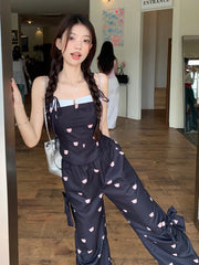 LIZAKOSHT  -  Sweet Spice Girl Bear Bow Suit Women Summer Pink Vest Sling+High Waist Elasticity Casual Workwear Wide Leg Trousers 2-Piece Set