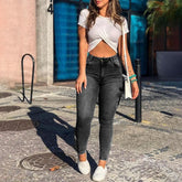 LIZAKOSHT - New Style Denim Jeans for Women Zipper Leg Pockets Elastic Streetwear Distressed Cargo Trousers Pants Slim Pencil Jeans