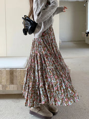LIZAKOSHT - Autumn Winter Wrinkled Floral Pleated Skirt Women Korean Style Casual High Waisted A-Line Midi Long Skirts Maxi falda plisada