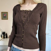 LIZAKOSHT - Sweater Fake Two-Piece Stitching Button Lace Design American Retro Long-Sleeved Women'S Short Slim Spice Top