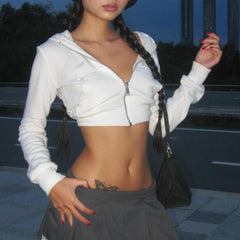 LIZAKOSHT - Women's Autumn New Short Style Slimming Cropped Long Sleeve Jacket Street Fashion White Coat Zipper Hoodie Trendy