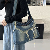 LIZAKOSHT - High-capacity Women Casual Crossbody Handbags Streetwear Denim Tassel Shoulder Bag Grunge Y2k Aesthetic Vintage Messenger Bags