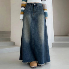 LIZAKOSHT - Women's Basic Long Ankle Length Denim A-Line Panel Skirt Classic Womens Elastic Skirts Blue Jean For Women Y2K Streewear Style