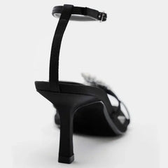 LIZAKOSHT - Shiny Rhinestone High Heels Women Summer New Open Toe Ankle Strap Thin Heels Dress Shoe Brand Design Rhinestone Sandals Femme