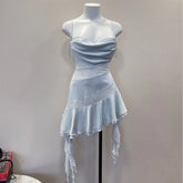 LIZAKOSHT - Vintage Nightgowns Women's Sleepwear Swinging Lace Splicing Suspender Nightdress Irregular Design Thin Satin Dress Dream Blue