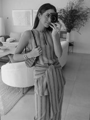 LIZAKOSHT - Women Striped Midi Skirt 2 Pieces Set With Belt Casual O Neck Sleeveless Top Skirts Suit 2024 Fashion Lady Vacation Party Outfit