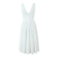LIZAKOSHT - Sexy Elegant Women Sleeveless Deep V Neck White Dress Low Waist Female Cotton Summer Dresses Holiday Robe