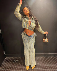 LIZAKOSHT - Vintage Tassel Hand Frayed Denim Two Piece Set Casual Turn-down Collar Jackets Crop Top + Pants Slim Streetwear Outfits Suits