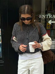 LIZAKOSHT - Chic Patchwork Color Contrasting Knitted Cardigan Women Casual O Neck Full Sleeve Short Sweater Autumn New Female Fashion Top 