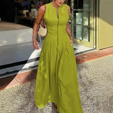 LIZAKOSHT  -  Solid Color Fashion Long Dresses for Women Zip Sleeveless Maxi Dress Woman Summer Holiday Ruched Party French Style Female Dress