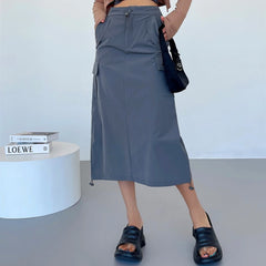 LIZAKOSHT - Y2K Safari Back Slit Pockets Cargo Skirt American Retro Women Ruched Side Drawstring Rope Midi Long Skirts
