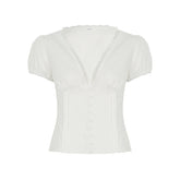 LIZAKOSHT - Lace Patchwork Solid Blouses for Women Single-breasted Fashion Slim Clothes Streetwear V-neck Short Sleeves Tops