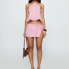 LIZAKOSHT  -  Sexy Halter Tops and Short Skirt Suit Women Fashion Pattern Printed Club Party Outfits Elegant Split Tie-Up MIni Skirt 2Pc Sets