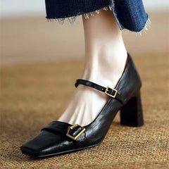 LIZAKOSHT - Metal Buckle Decoration Mary Jane Shoes Women Comfortable Leather High Heels Elegant Chunky Heel Women Pumps Zapatos De Mujer