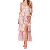 LIZAKOSHT - Women's Floral Dress Stylish Multi-Layered Ruffles Split Cap Sleeve Long A-Line Dress Summer
