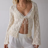 LIZAKOSHT - Women Vintage Front Tie Cardigan Crochet Hollow Out Knitted Sweaters Fall Long Sleeve Bolero Shrug Y2K Knitted Tops