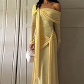 LIZAKOSHT  -  Off-Shoulder Pleated Long Dresses Women Fashion Solid Slim Ribbon Hip Pocket Maxi Dress Lady Summer Chic Evening Party Robes