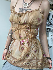 LIZAKOSHT - Vintage Print Ruffles Camisole y2k Aesthetic A Line Tie-up Tops for Women Summer Holiday Tank Top Cute Kawaii Clothes