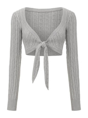 LIZAKOSHT - Y2K Women Front Tie Cropped Knit Tops Cable Twist Long Sleeve Deep V Neck Gray Knit Cardigan Vintage Personality Hot Girl Tops
