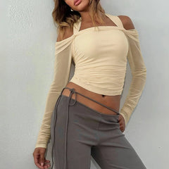 LIZAKOSHT - Hot Sexy Halter Ruched Women Skinny T-shirts Off Shoulder Solid Color Long-sleeved Autumn Streetwear Club Top Clothing