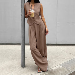 LIZAKOSHT - Office Lady Summer Striped Solid V Neck Buttons Sleeveless T-shirt and High Waist Wide Leg Pants Two Piece Sets For Women