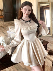 LIZAKOSHT - Elegant White Short Dresses for Women Lace Ruffles O-neck A-line Princess Dress French Birthday Party One Piece Mini Vestidos