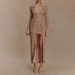 LIZAKOSHT - Women's Long Knit Cardigan Stylish Hollow Details Button Down Lapel V Neck Long Sleeve Sweater Jacket for Fall Winter
