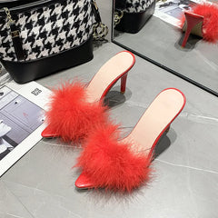 LIZAKOSHT - 41-43 big size fur sandals high heels transparent slippers women brand designer feather sandalias mujer pointy open toe slides