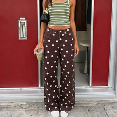 LIZAKOSHT - Women Polka Dot Wide Leg Jeans High Waisted Loose Fit Straight Leg Denim Pants Y2K Retro Trousers Preppy Streetwear