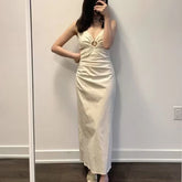 LIZAKOSHT - Long Dress Summer Women's 2025 New Fashion Slim V-neck Sling Hollow Elegant Summer Holiday Dress Women's Street Chic Youth Dress