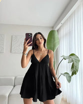 LIZAKOSHT - Women Sexy Sleeveless V-neck Mini Dress Chic Backless Off Shoulder High Waist Pleated Loose Dresses Lady Holiday Vestidos