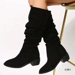 LIZAKOSHT - British Style Chunky Heel Pointy Toe Western Biker Boots Riding Boots New Suede Midi Boots Plus Size Ladies Boots