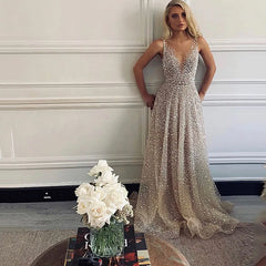 LIZAKOSHT - Evening Gown Floor Length Dr Sparkling Long Skirt V Ne mid Waist Polyester Fiber Spring Season Princ Sle