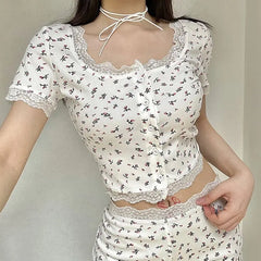 LIZAKOSHT - Suits Printed Tracksuits Women Sleepwear Regular Casual O-Neck Slim Skinny Fashion Sexy 2 Pieces Suit Sets (Tops+ Shorts)